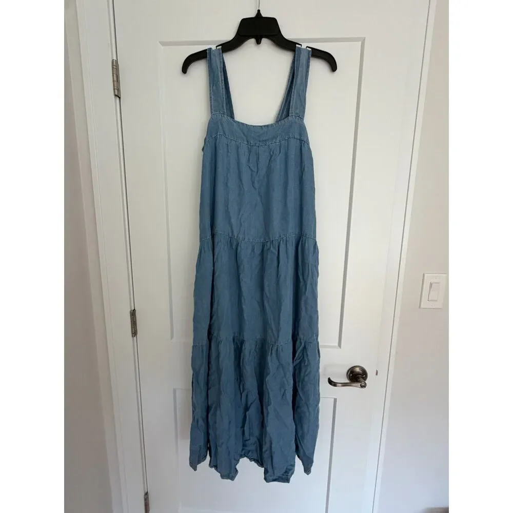 Veronica Beard Chambray Tiered Maxi Dress Size 12 Blue Denim Sundress Pockets
